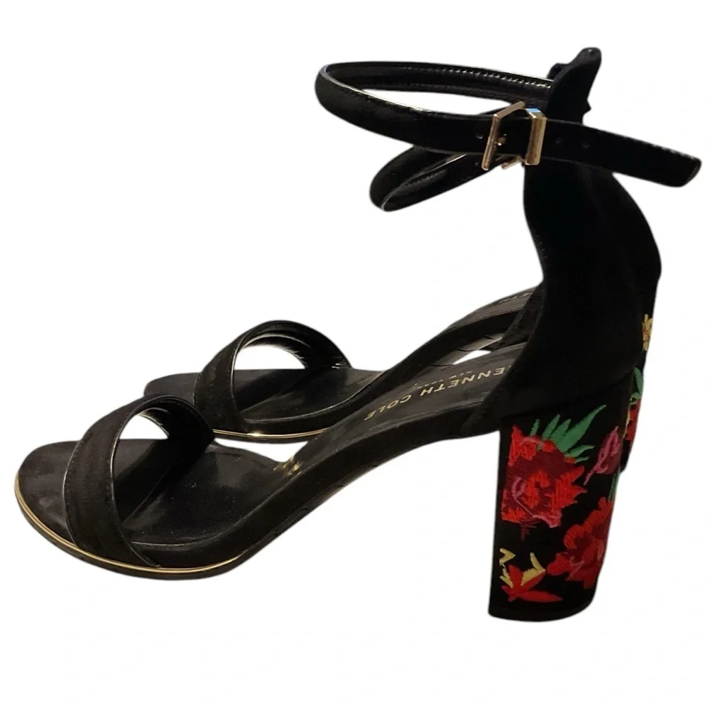 Kenneth Cole‎ Lisa Floral Embroidered Block Heels Black 8 Ankle Strap